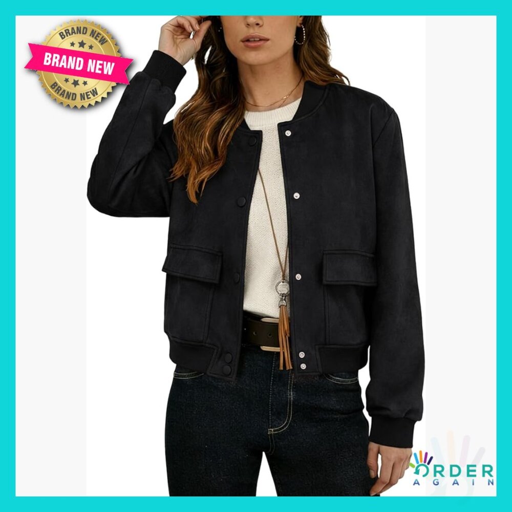 Faux Suede Bomber Jacket Cropped Varsity Baseball Style Button Down Casual
